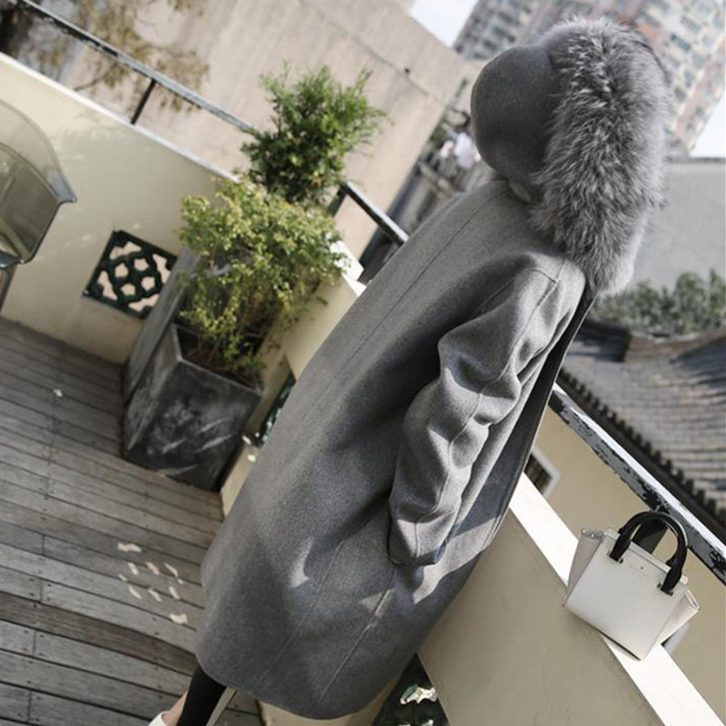 Leiouna Elegant Gray Winter Woolen Jacket Long Fur Hooded Warm Woolen Coat Loose Parka Female Outerwear Plus Size 5XL 201102