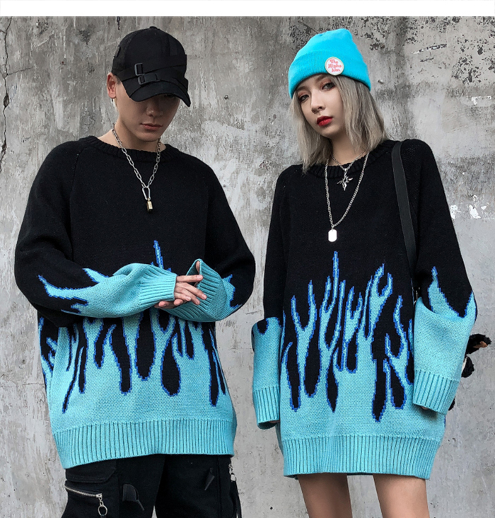 Aelfric Eden Hip Hop Sweater Pullover Men Blue Fire Flame Knitted Sweater Harajuku Streetwear Tops Casual Couple Sweater Black 201125
