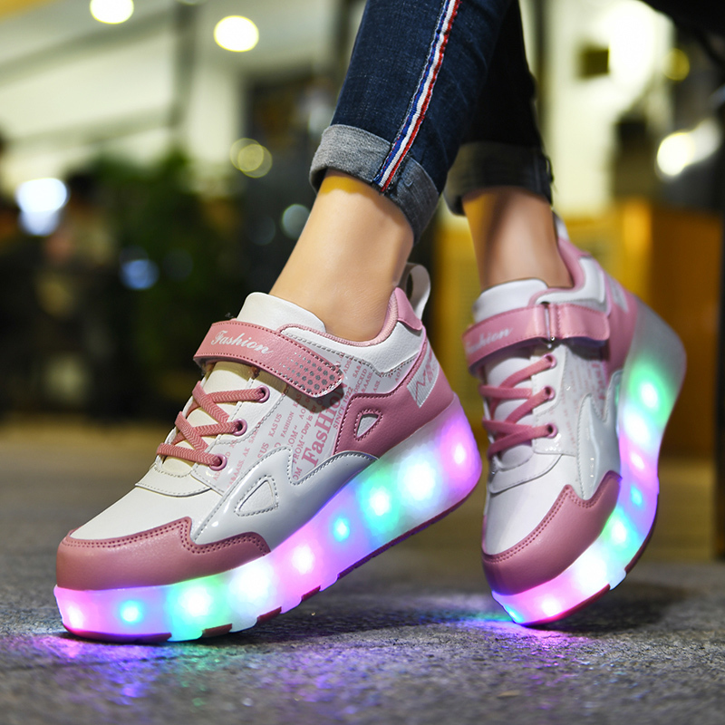 Kids LED usb roller shoes for boy girl glowing light up luminous sneakers with on wheels kids girls rollers skate shoes 201130