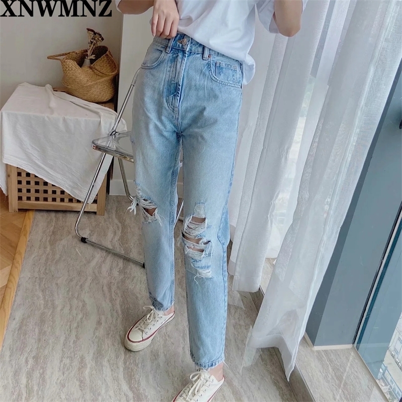 Za Vintage mom high waisted woman ripped boyfriend for women korean style distressed jeans blue denim pants 201109