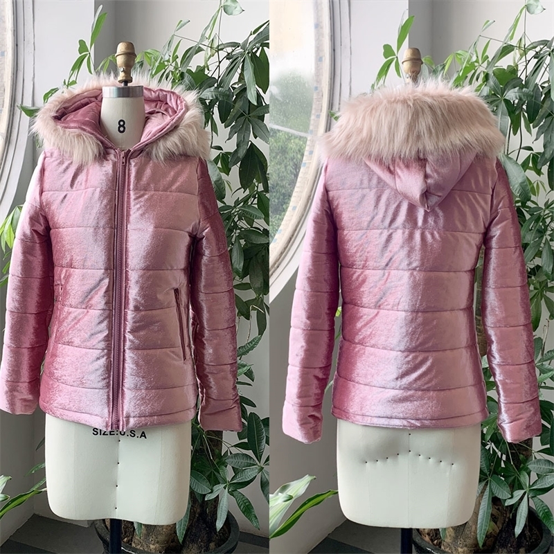 Winter Velvet Jacket Coat Women Cotton Padded Jackets Gray Pink Plus Size 4XL Hood Fur Collar Thick Fashion Basic Snow Outerwear 201019
