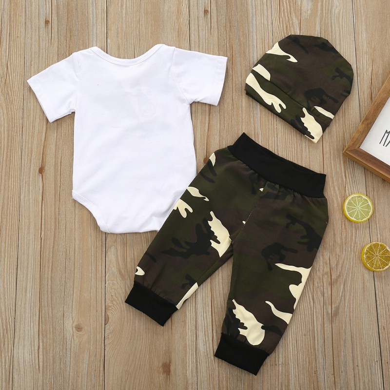 3Pcs Summer Baby Boy Clothes Sets Infant Boys Letters Printed Short Sleeve Romper + Camouflage Pants + Hat Clothing Suits New34 Y1105