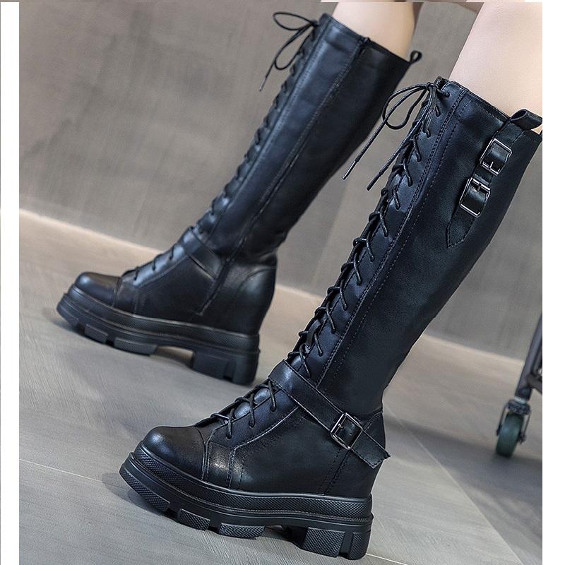 Winter New Plush Height Increasing Wedges Platform Buckle Strap Cross-tied Genuine Leather Women Knee-High Long Equestrian Boots, White
Winter New Plush Height Increasing Wedges Platform Buckle Strap Cross-tied Genuine Leather Women Knee-High Long Equestrian Boots, White