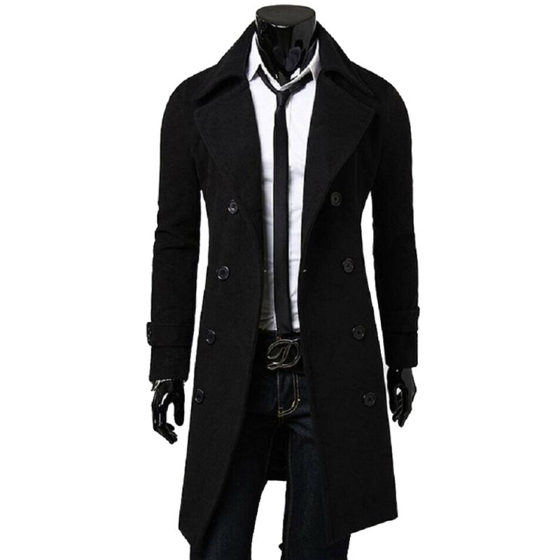 Fashion- Men Wool Trench Coats Jacket Classic Slim Lapel Peacoat Mens Winter Double Breasted Long Coats Outerwear