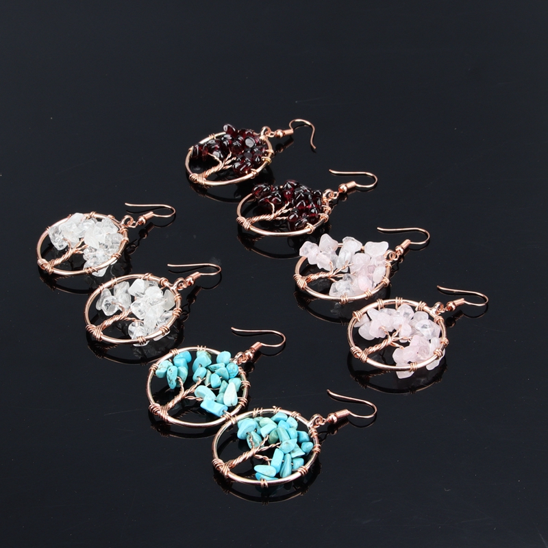 Hand-woven Tree of life Dangle Earrings Copper Wire Wrapped Natural Stone Round Wish-tree Rose Gold Charm Women Earring Reiki Healing Crystal DIY Jewe