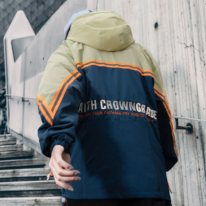 Spring Harajuku Hooded Jacket Men Hip Hop Streetwear Retro Jacket Windbreaker Vintage Color Block Track Jacket Coat Hoodie T200117