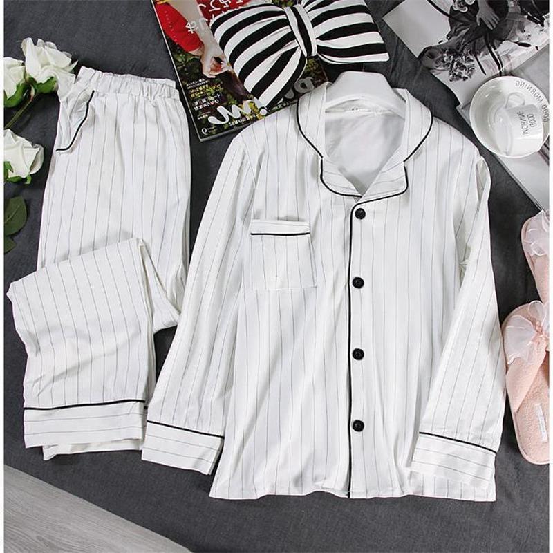 QWEEK Cotton Pajamas for Women Long Sleeve Night Suit Cardigan Pijama Stripes Sleepwear Pyjama Nightwear Dropshipping 201106