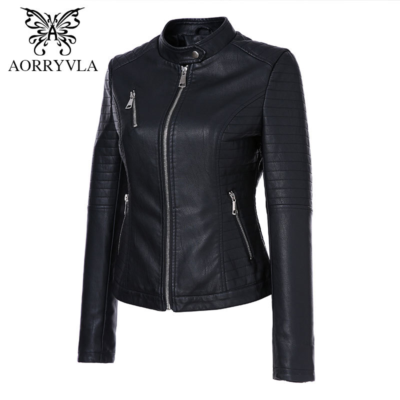 AORRYVLA Black Short Autumn Womens Leather Jacket Long Sleeve Mandarin Collar Moto Biker Zipper Slim Quilted PU Leather Jacket 201226
