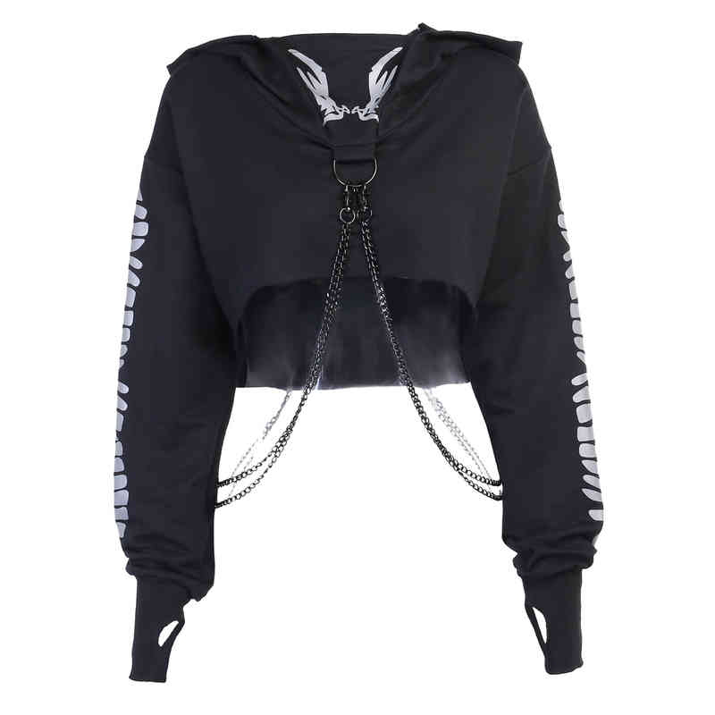 Women Gothic Reflective Print Hoodies Crop Top Pullover Sweatshirt Jumpers with Detachable O-ring Chain 220210
