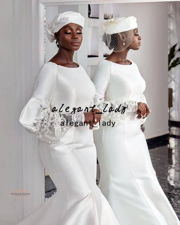 Long Sleeve Nara Aziza Wedding Dresses 2022 Lace Stain Jewel Neck African Sweep Train vestido saten largo bridal gown