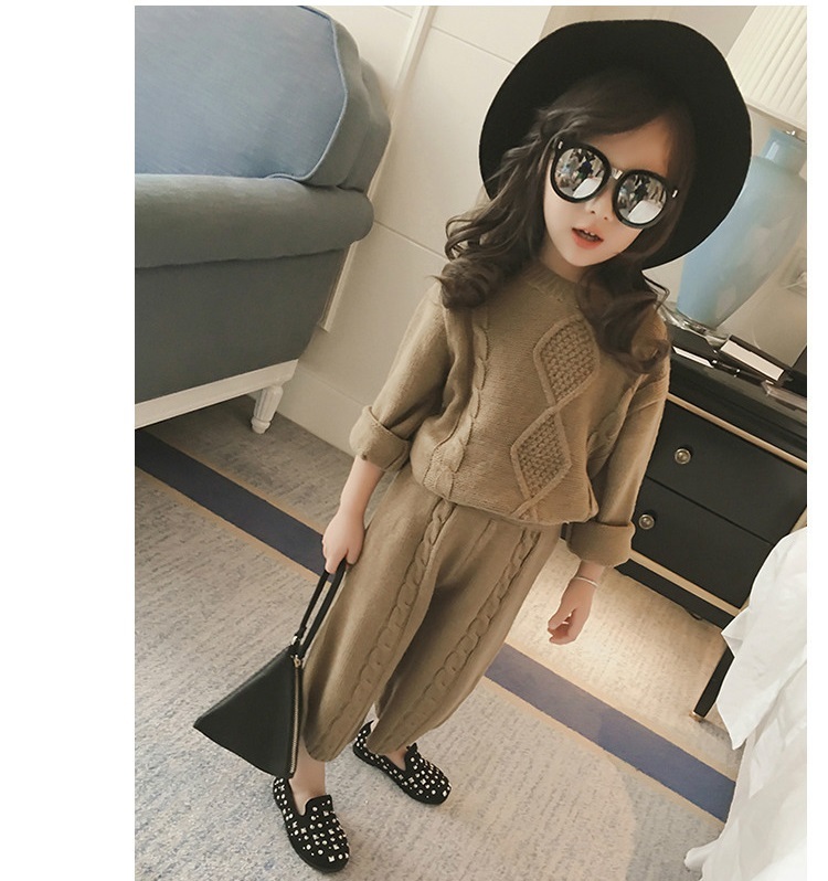 2020 autumn childrens girl clothing new casual knitted long-sleeved suit Mori female warm pure color pattern sweater top + pantsX1019
