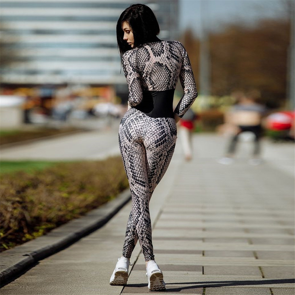 Street Fashion Patchwork Jumpsuit Women Sexy Snake Skin O Neck Long Sleeve Women Slim Tracksuit One Piece Ankle Length Pants T200509