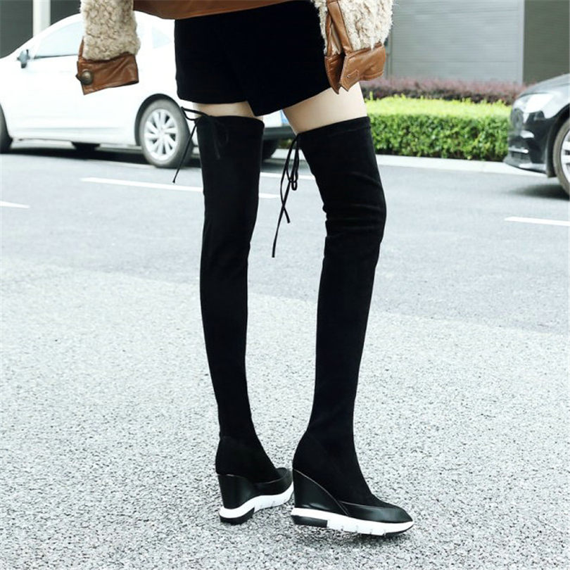 Hot Sale-Thigh High Boots Women Black Genuine Leather Over The Knee High Riding Booties Wedges Heel Tall Shaft Pumps