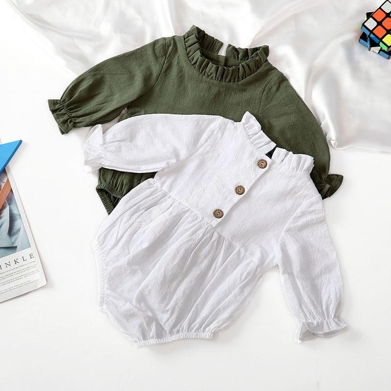 Newborn Long-Sleeved Cotton And Linen Baby Romper Solid Color Flying Sleeve Ruffled Neckline Infant Jumpsuit Clothing