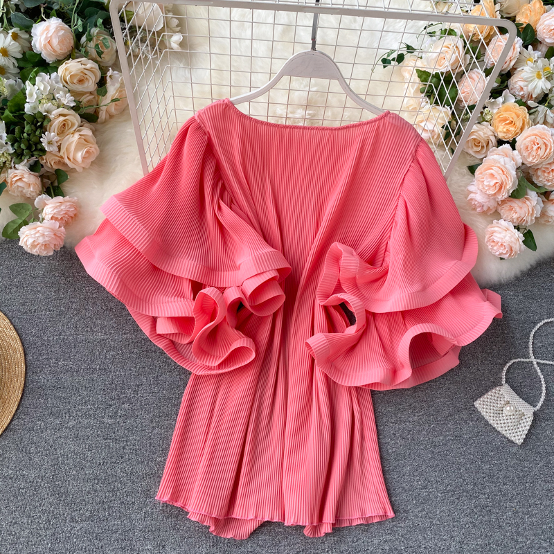 Neploe Chiffon Women Blouses Korean Pleated Causal Solid Shirts Summer 3D Flare Short Sleeve O-neck Blusas Feminimos 4B226 201201