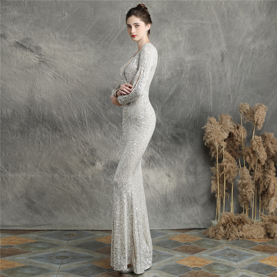 Sequins Women Party Dress DX2406 New Plus Size Mermaid Prom Dress Robe De Soiree Apricot Silver Long Sleeves Evening Dress 201114
