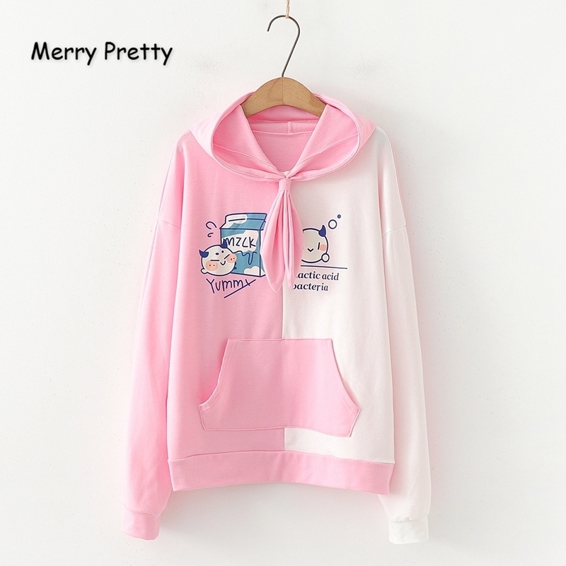 Merry Pretty Women Cartoon Print Pink Hooded Sweatshirts Winter Long Sleeve Tie Collar Hoodies Femme Harajuku Pullovers 201202
Merry Pretty Women Cartoon Print Pink Hooded Sweatshirts Winter Long Sleeve Tie Collar Hoodies Femme Harajuku Pullovers 201202