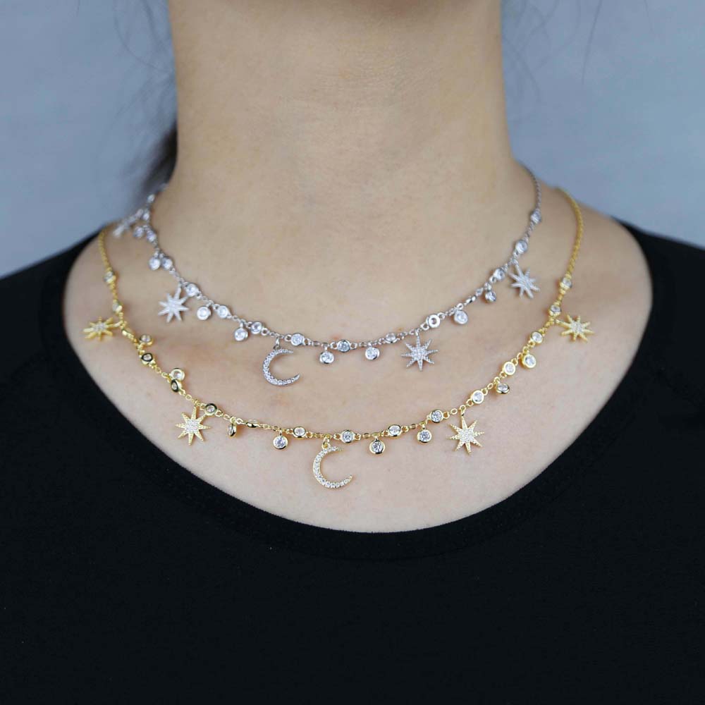 2021 fashion trendy wedding necklace with cz paved geometric star moon dangle charm paved statement station choker necklace for women