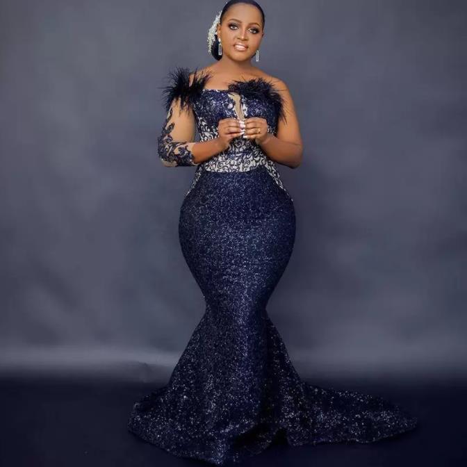 Glitter Feather Navy Blue Mermaid Evening Dresses plus size african aso ebi Appliques Sequined Prom Dress One Shoulder Trumpet Robe De Soriee
