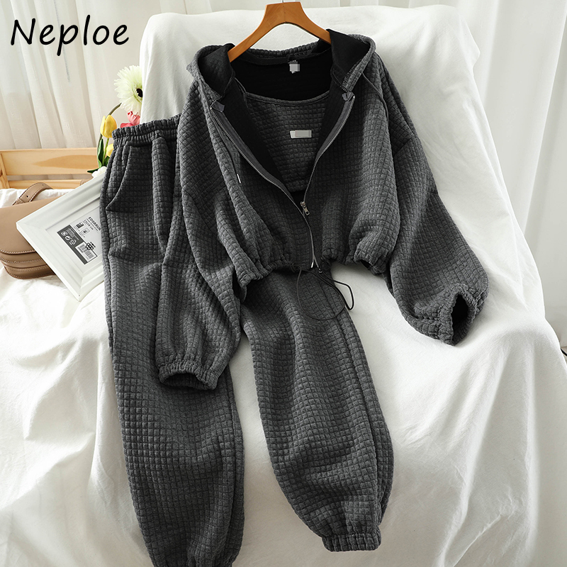 Neploe 3 Piece Set Solid Color Zip Hooded Drawstring Sweatshirts + Sexy Camis + Stretch Waist Casual Pants Fashion Suit 201119