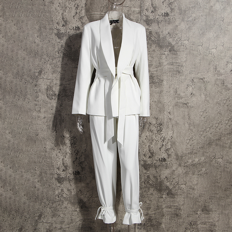 [EWQ] Coat High Waist Pants Legs Adjustable Female Casual Set Women Lapel Collar Long Sleeve Loose Belt Blazer 220315