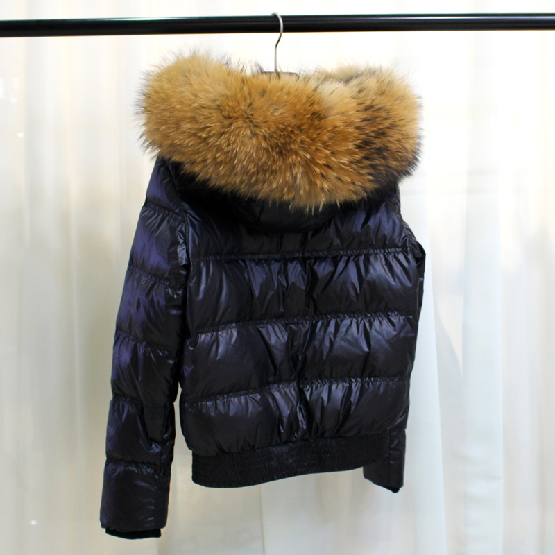 Janveny Waterproof Down Coat Winter Women Puffer Shiny Jacket Natural Raccoon Fur Hooded Short 90% White Duck Down Parkas 201019