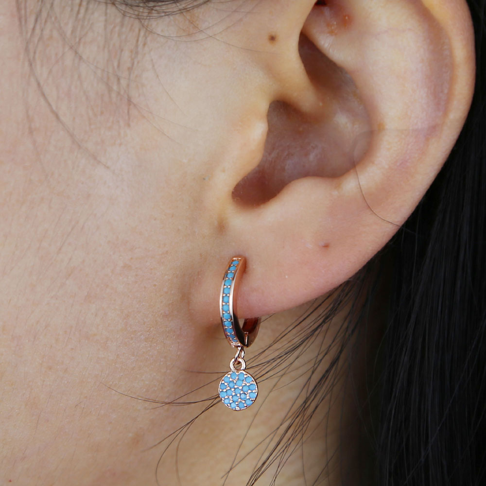 Geometric Round Dots Disco Charm Hoop Earring Rose Gold Color Blue Opal Micro Pave Blue Stone Studs Fashion Women Jewelry Gift