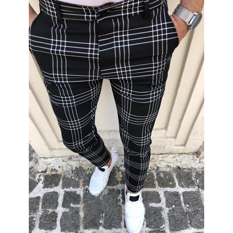 Men's Casual Pants Plaid Social Slim Fit Black Trousers Zipper Mid Waist Skinny Business Office Work Party Male Summer Stretchy 201027