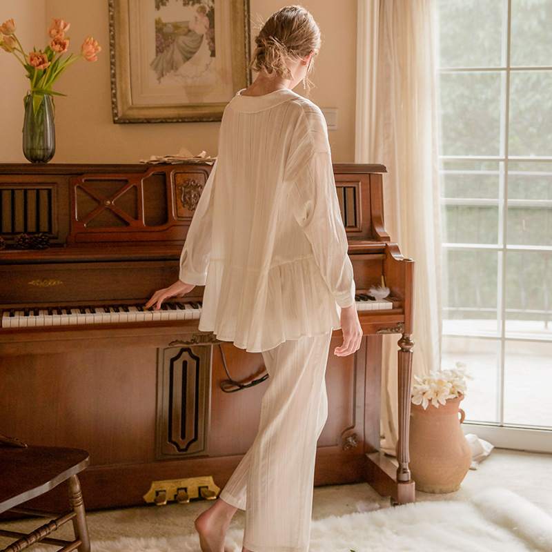 Pajamas Women Fashion Classic White Pajama Suit Long Sleeve Pajamas Leisure Sleepwear Lady 201027