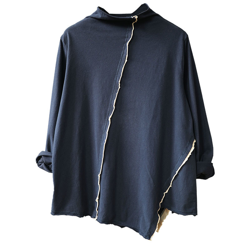 Johnature Women Cotton Turtleneck T-Shirts Patchwork Autumn New Long Sleeve 3 Color Casual Women Cloths Irregular T-Shirts 201028