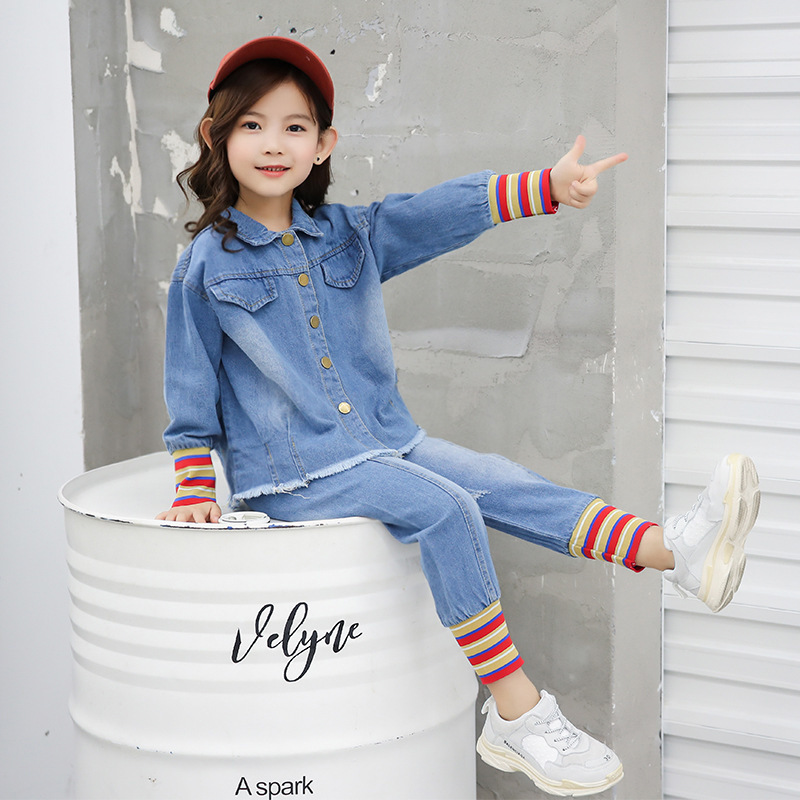 Girls Cowboy Coat+jeans Sets Spring Autumn New Children's Jeans Suit Girls Two Piece Fashion 4-6 8 10 12 Ages Baby ClothesX1019