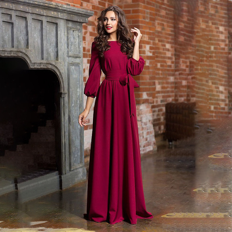 Elegant Women Dress Autumn Casual Loose Plus Size Dresses High Waist Crew Neck Solid Long Sleeve Bow Dress for Office Lady T200416