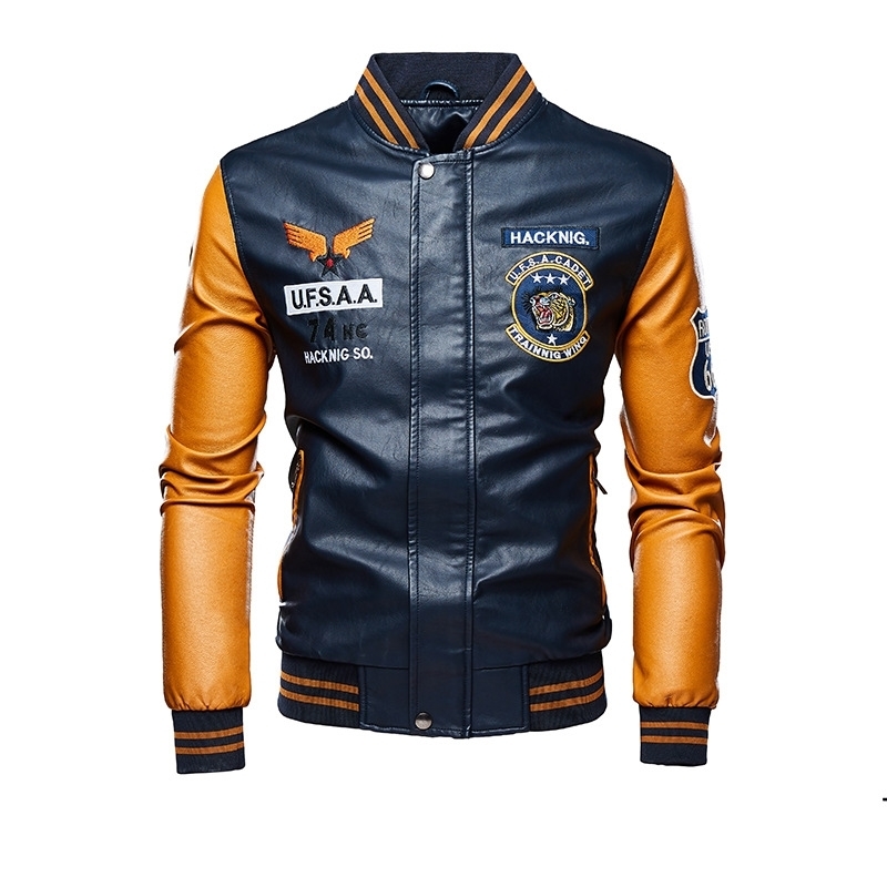 Leather Jacket Men Bomber Baseball Jacket Biker Pu Coat Faux Pilot Fleece College Top Leather Black Slim Fit Motorcycle 201119