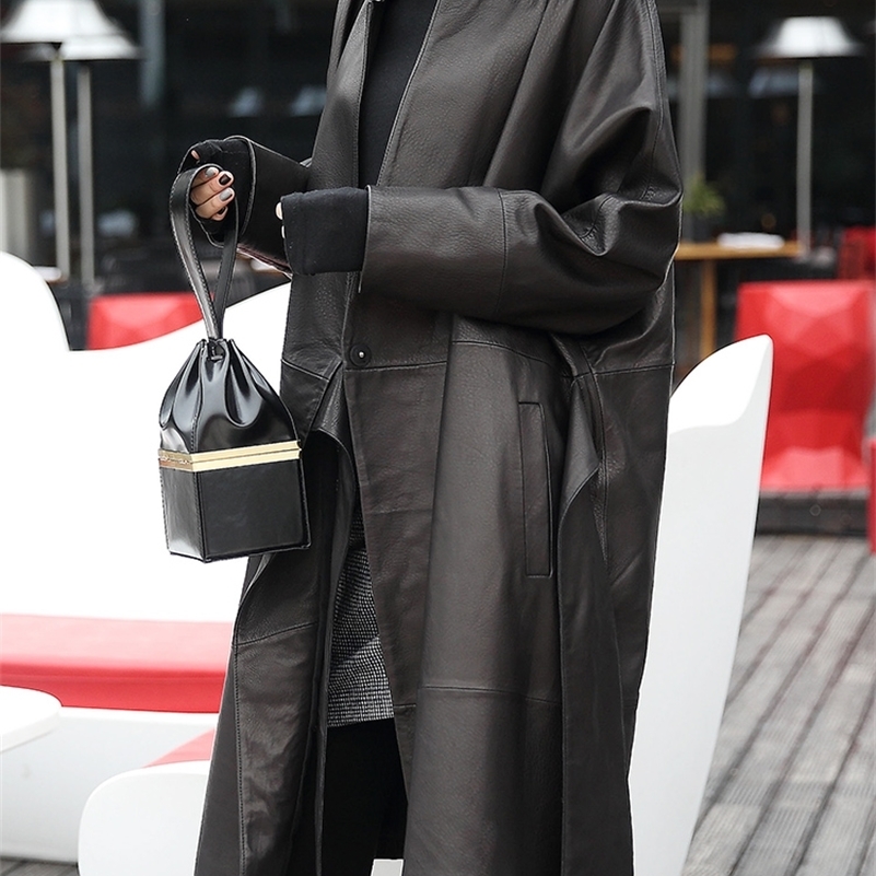 Lautaro Black oversized jacket batwing sleeve Casual soft loose wrap coat Plus size faux leather streetwear women Y201001