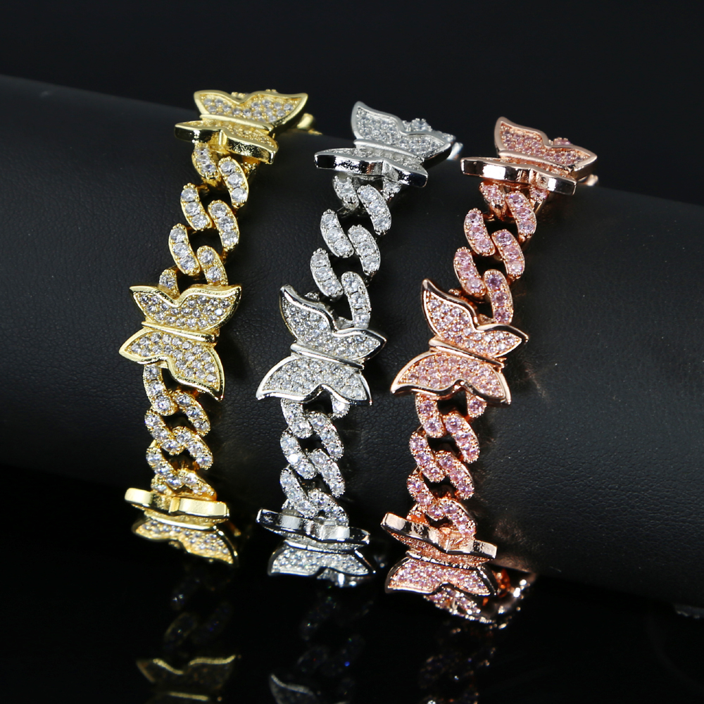 2024 Women Hip Hop Butterfly Charm Cuban Chain Bracelet Bangle with White Pink 5A cz Paved Gold Rose Gold Silver Color for Women Wedding
