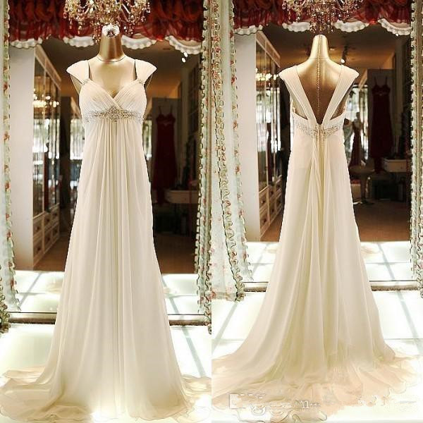 Real Photos White Chiffon With Empire Waist Wedding Dresses With Beaded Sash Backless Long Sweep Plus Size A Line Bridal Gowns For Garden