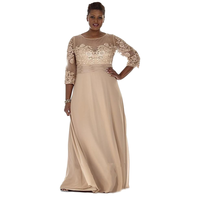 Elegant Empire Waist Mother's Dresses A Line Plus Size Long Mother Of The Bride Dress Applique Lace Sheer Crew Neck 3/4 Full Sleeve Wedding Guest