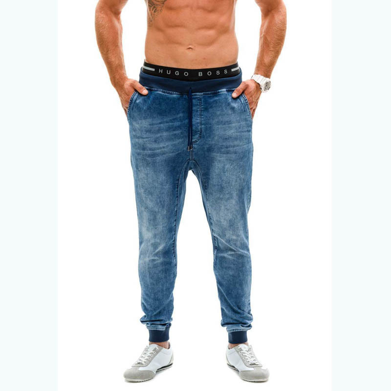 Men's Indigo Drop Crotch Denim Jogger Pants Close Button Drawstring Regular Fit Blue Denim Jeans Harem Denim Pants T200614