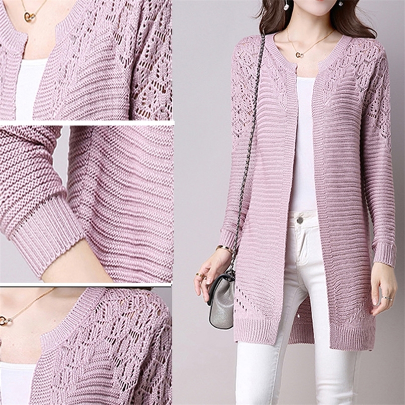 Fall Women Cardigan Solid Color Hollow Out Sweaters Size S-XXL Poncho Full Sleeve Open Stitch Female Knitted Outerwear 201225