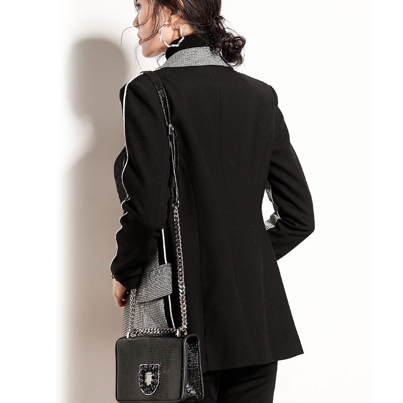 Lenshin Women Elegant Plaid Jacket with Pockets Blazer Fashion Keep Slim Single Button Office Lady Contrast Color Coat Outwear 201102