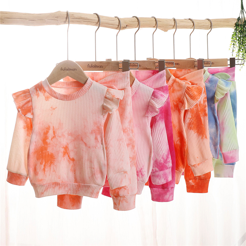 0-4 Years Old Kids Clothing Baby Girl Tie Dye Outfit Ruffled Long Sleeve T-shirt Infant Baby Clothes Gift Sets Of Four StylesX1019
