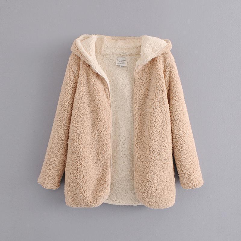 New women faux wool liner jacket fashion spring autumn meidum long coats female hooded Two-sided wear warm outerwear 201102