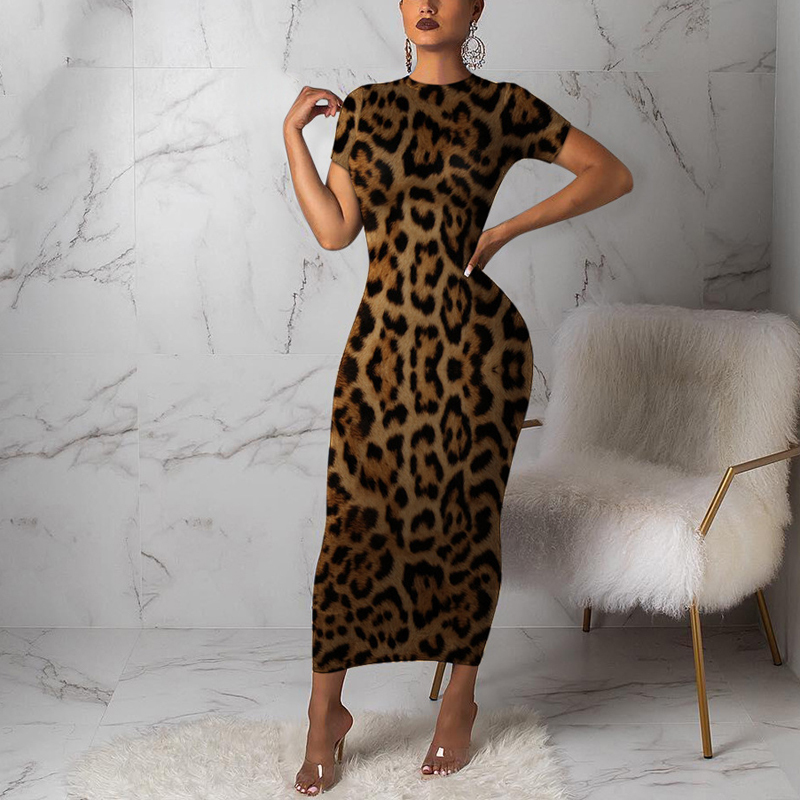 Women Leopard Short Sleeve Maxi Dress Church Party Robe Tunic Vestidos Plus Size Party Night Spring Summer Bodycon Dresses T200603