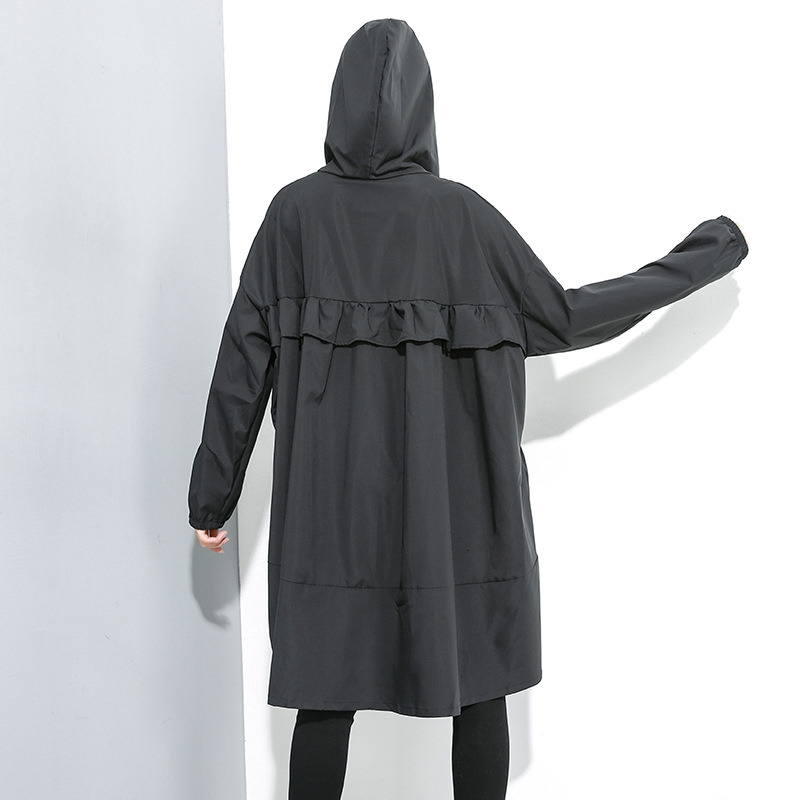 [EAM] Women Black Ruffles Big Size Thin Trench New Hooded Long Sleeve Loose Fit Windbreaker Fashion Spring Autumn 1M007 201028