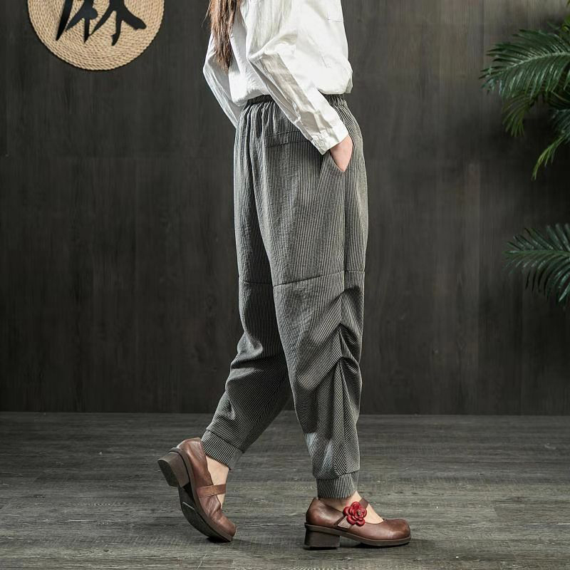 Spring Summer Arts Style Women Elastic Waist Harem Pants Vintage Cotton Linen Plaid Pants Loose Female Trousers Plus Size D414 201109