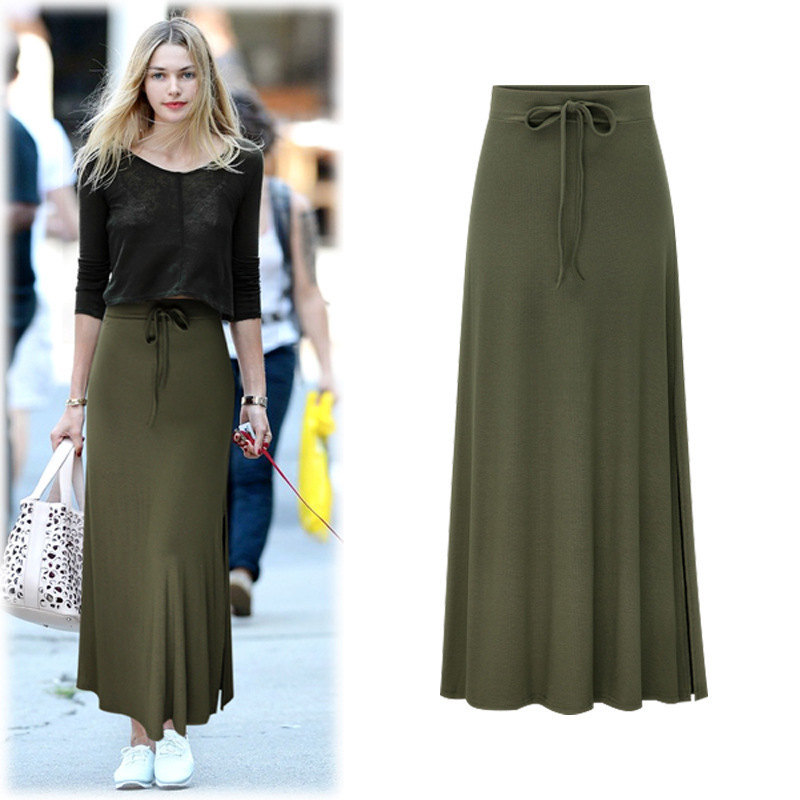 S6xl Plus Size Summer Solid Knitted Long Pencil Skirt Womens Autumn High Waist Lack Up Black Maxi Skirt For Women T200301