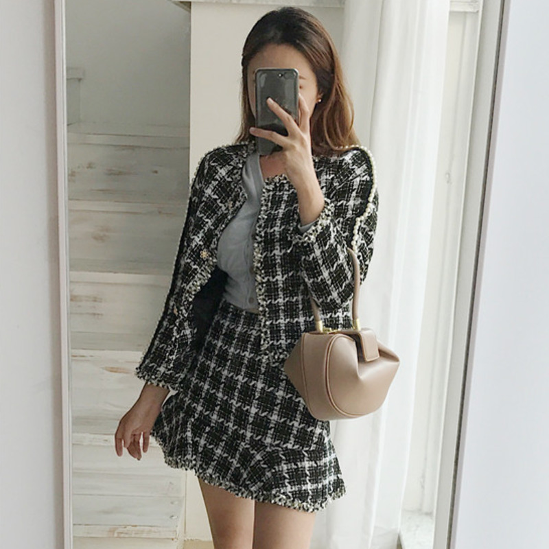 High Quality New Tweed Skirt Set Autumn Winter Runway Woolen Women 2 Piece Set Plaid Jacket Coat Mermaid Mini Skirt Suits 201102