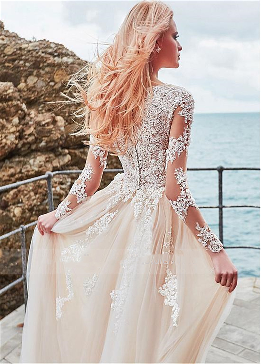 Boho V Neck Wedding Dress Long Sleeve Beach Country Bridal Gowns A Line With Lace Appliques Elegant Tulle Nude Bride Dresses Vestidos