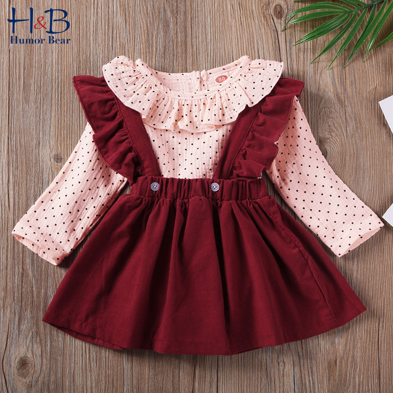 Humor Bear Girls Sets Spring and Autumn New European and American Doll Collar Polka Dot Romper Strap Skirt 2pcs Clohing SuitX1019