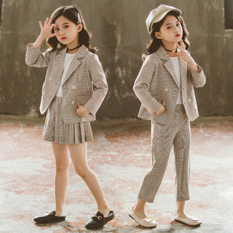 Fashion Girls Clothing Sets Spring Autumn Kids Plaid Suit Long-Sleeved Girls Outfits Children School Clothes 4 6 8 10 12 YearsX1019